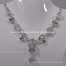 Blanco Druzy y multi piedras preciosas 925 collar de plata de ley Collar